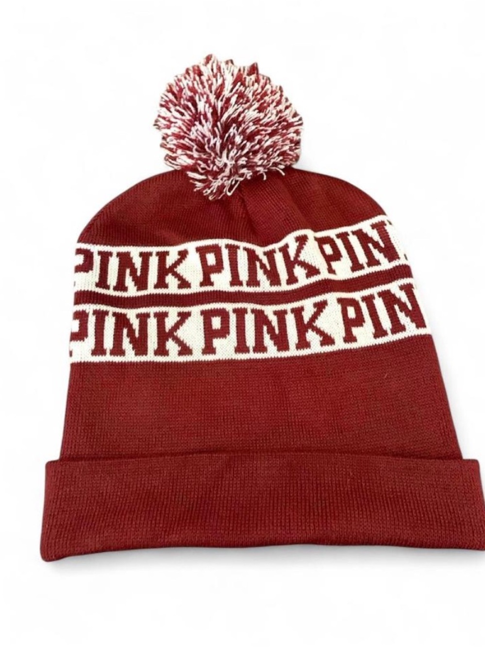 PINK Victoria's Secret Maroon and White Pom Pom Beanie